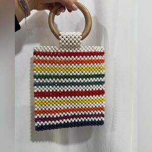 Beaded Rainbow Stripe Tote Bag with Wooden Handle